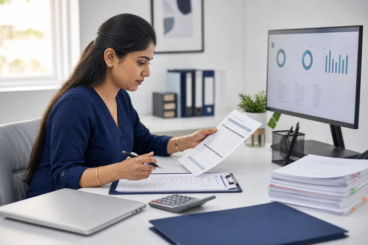 Indian tax professional reviewing GST registration documents and filing requirements