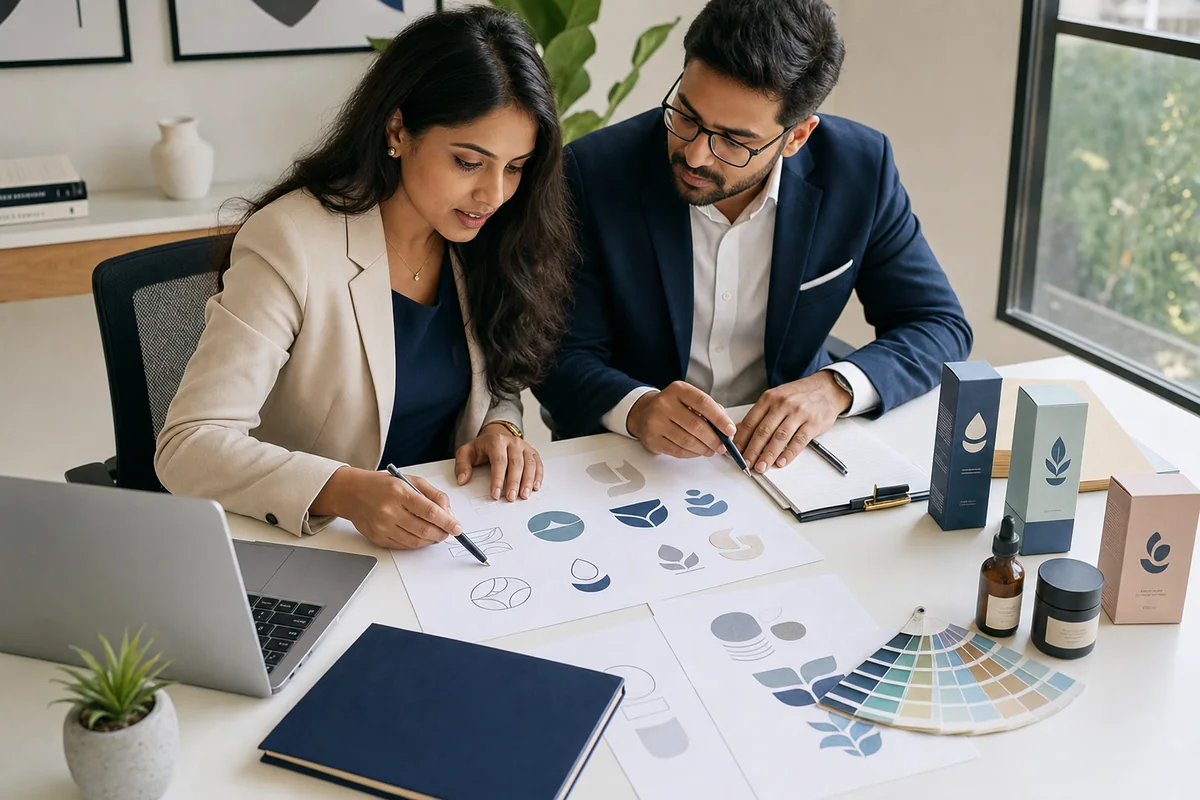 Indian brand professionals reviewing trademark concepts and brand protection plans