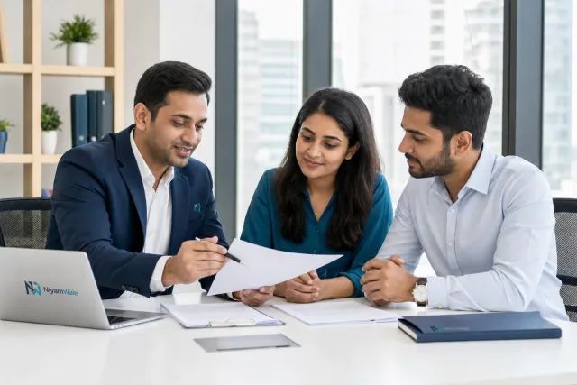 NiyamWale business compliance experts reviewing registration and tax documents with Indian entrepreneurs