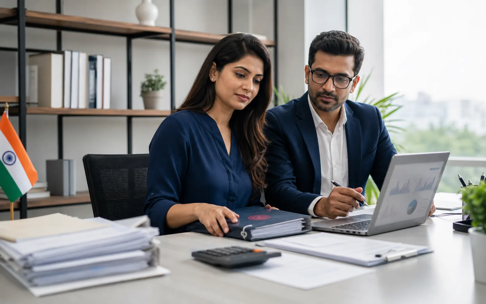 Indian business owner and tax advisor reviewing GST registration cancellation records