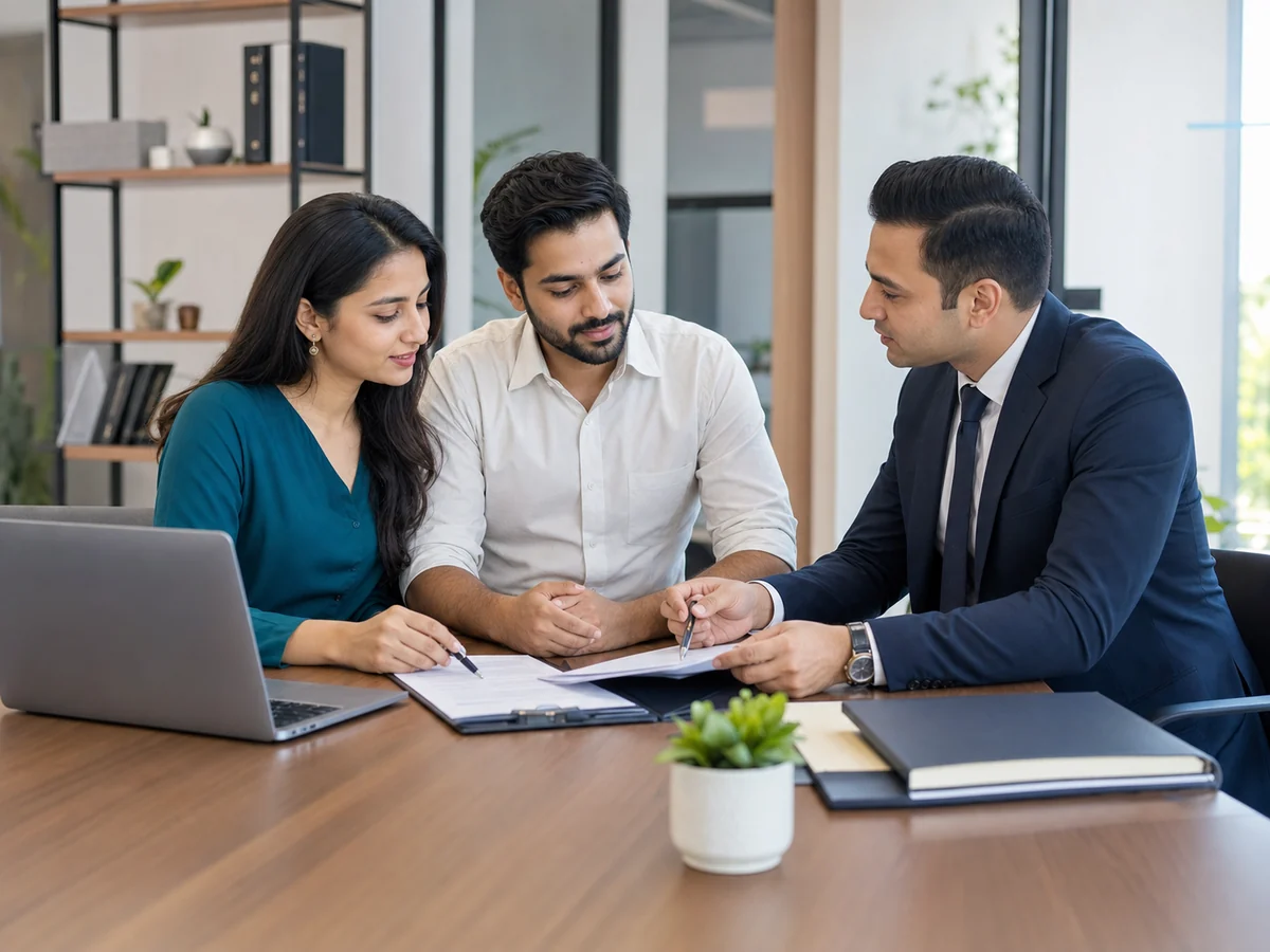 Indian co-founders reviewing LLP registration agreement with professional advisor
