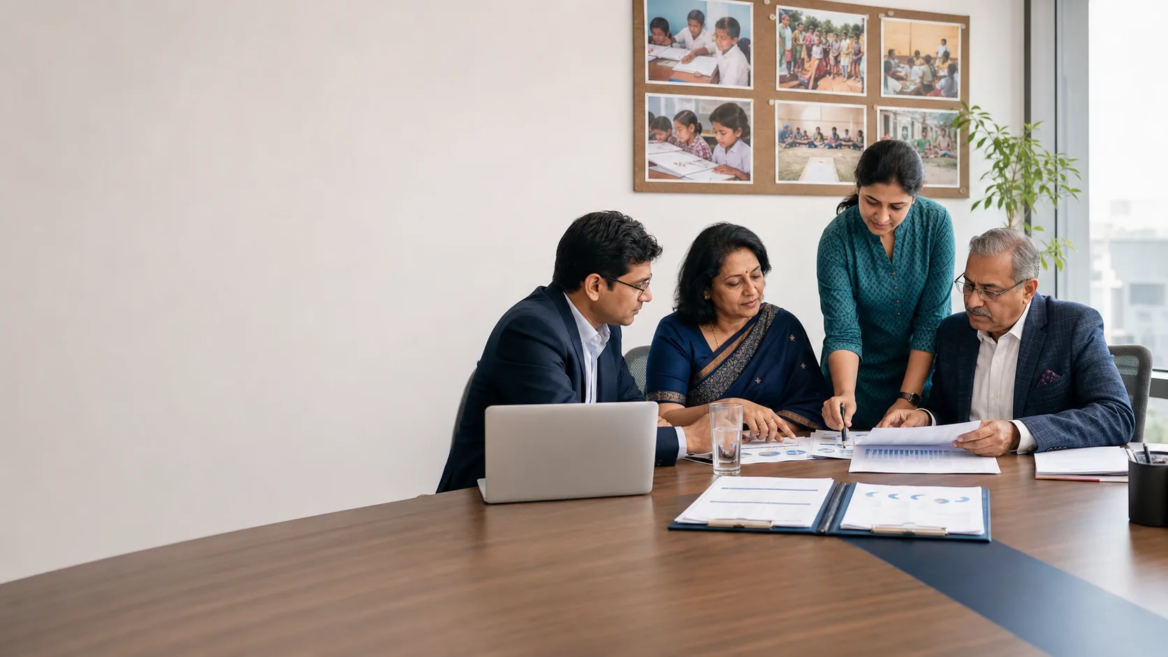 Indian NGO trustees and accountant reviewing governance and compliance records