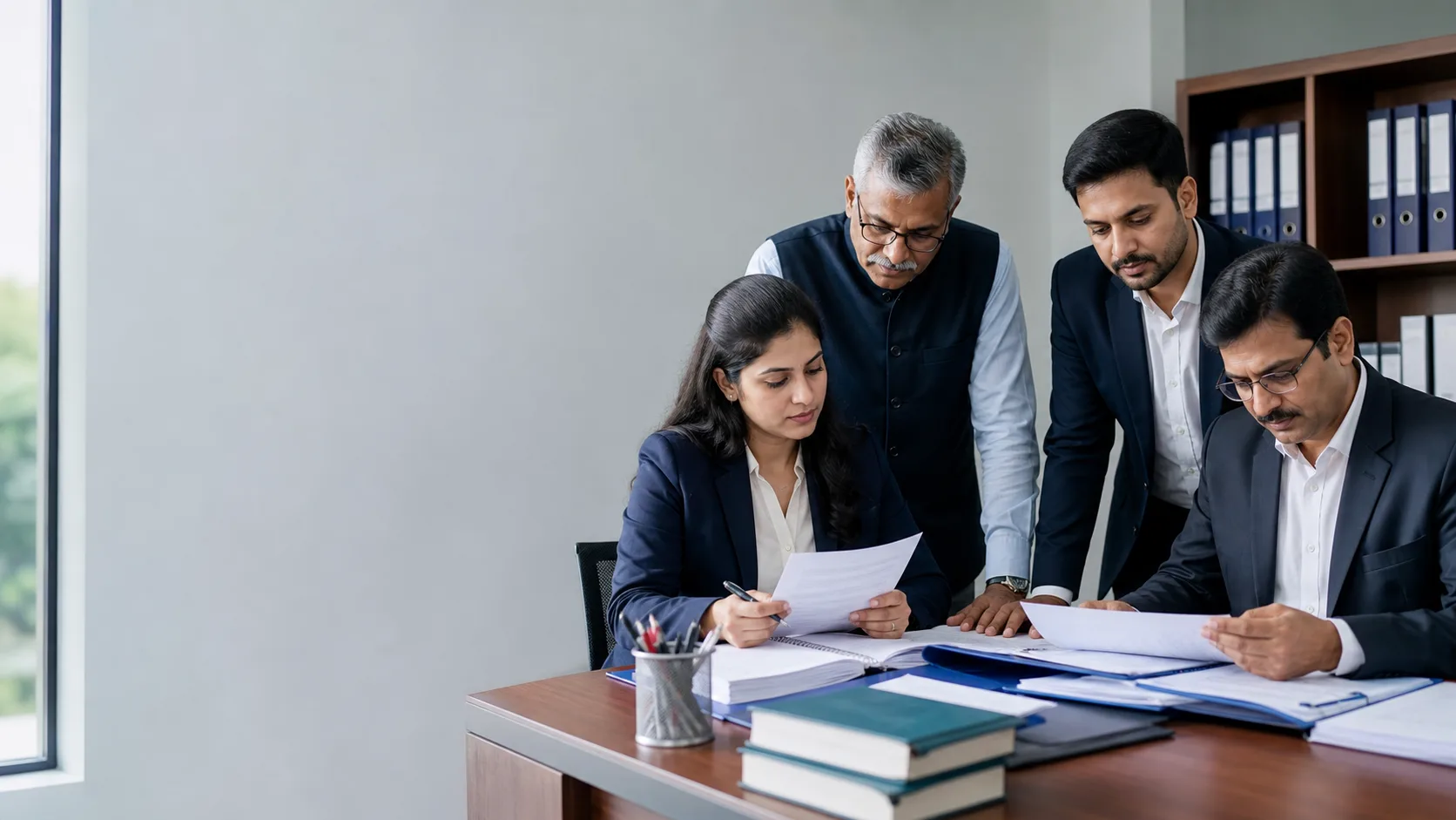 Indian Nidhi company officers reviewing member deposit and loan compliance
