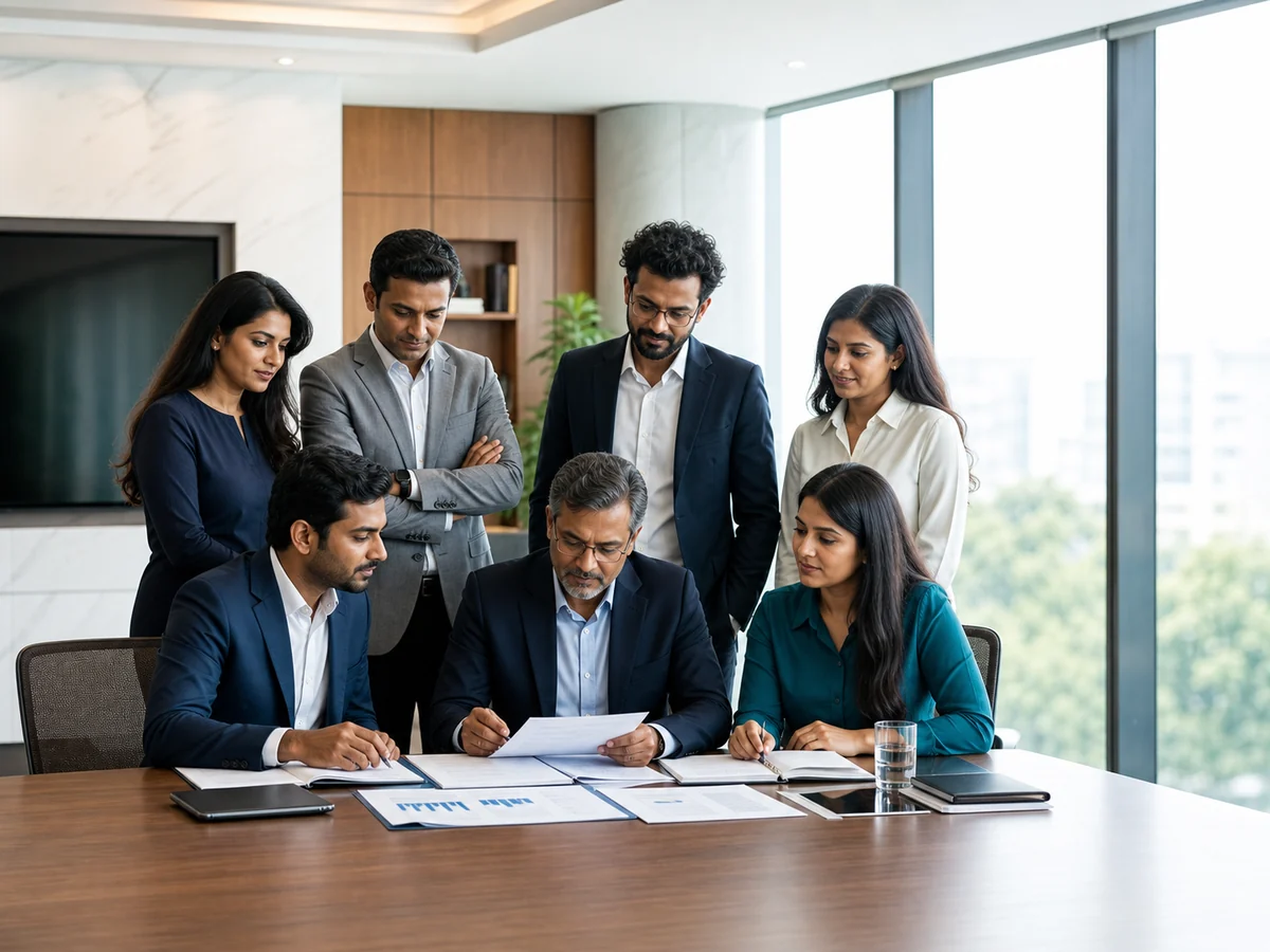Indian promoters and directors reviewing Public Limited Company registration documents