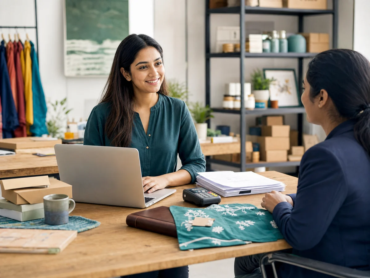 Indian woman entrepreneur discussing sole proprietorship business registrations