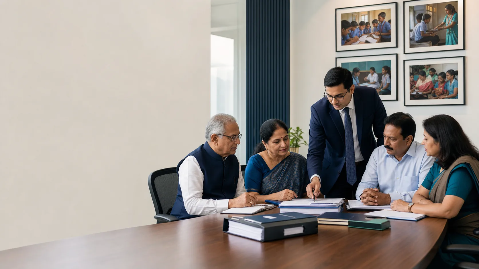 Indian charitable trust trustees and accountant reviewing annual compliance records