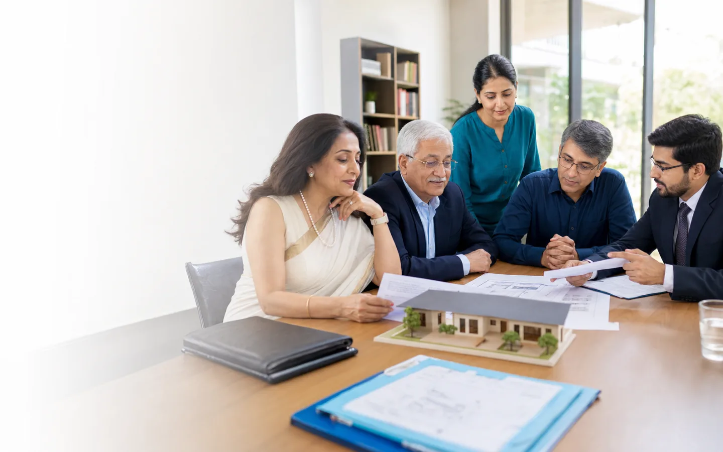 Indian settlor and trustees reviewing charitable trust deed and community project