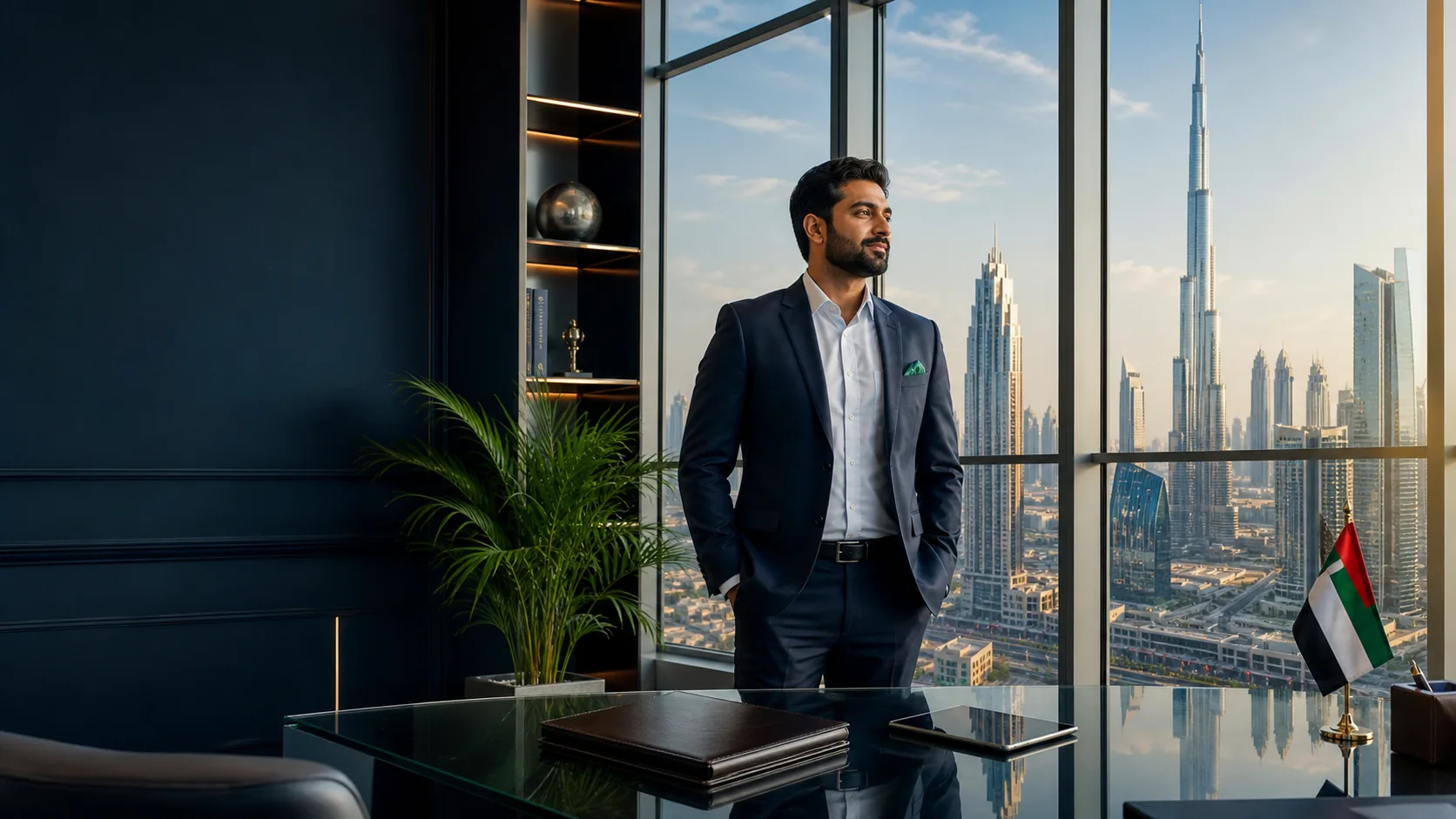 Indian entrepreneur planning UAE company registration in a Dubai office overlooking Burj Khalifa