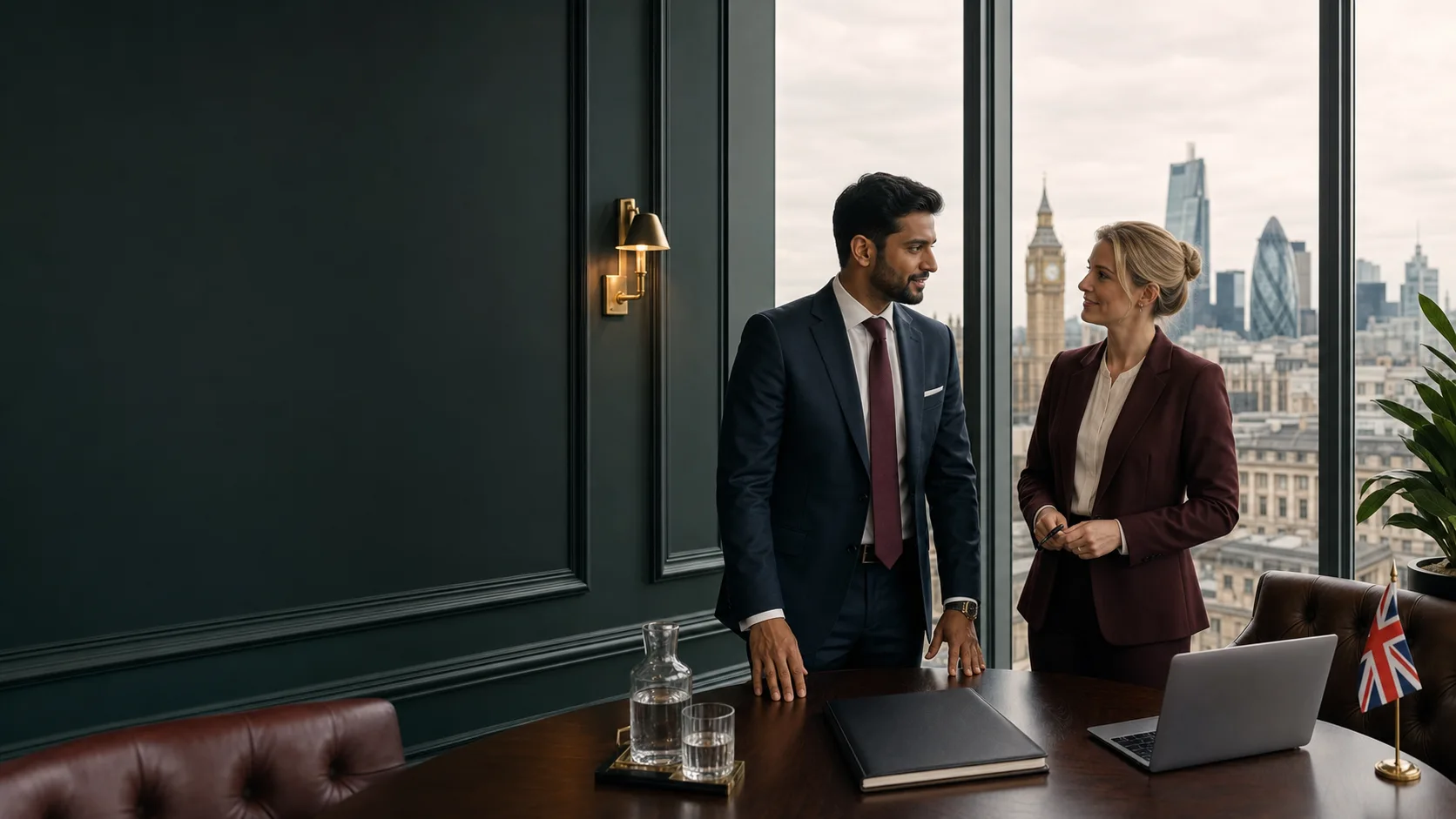 Indian founder discussing UK company registration with a British adviser in London