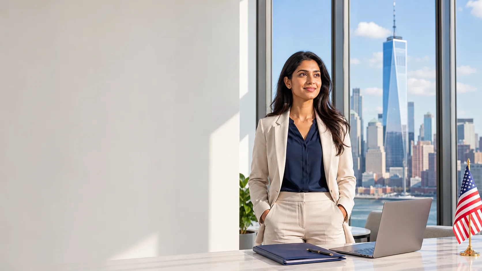 Indian woman entrepreneur planning USA company registration in a New York office